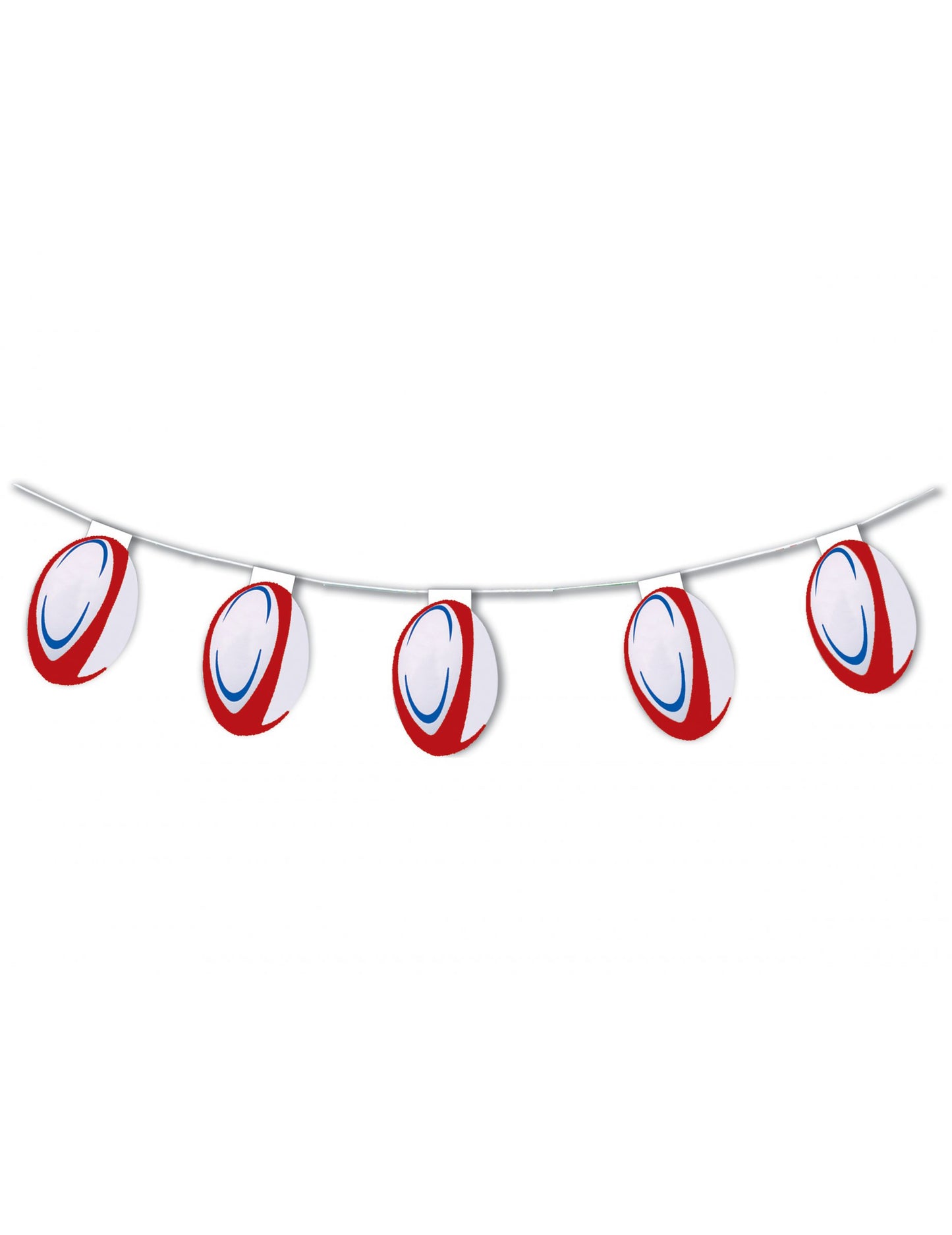Guirlande en papier ignifugé ballons de rugby pour décoration blanc rouge et bleu