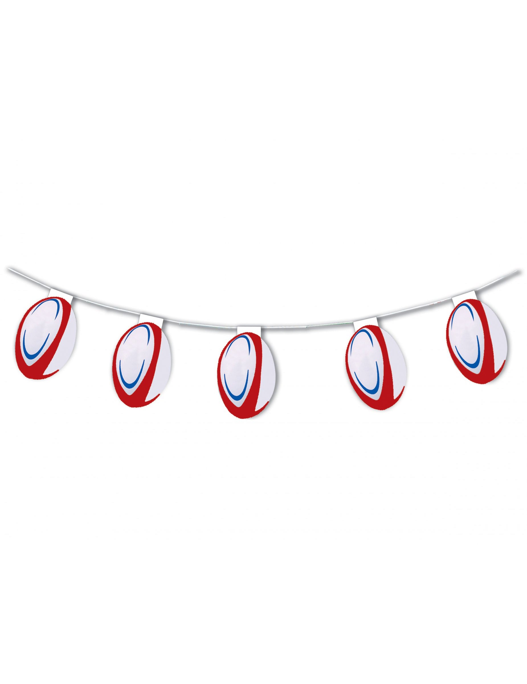 Guirlande en papier ignifugé ballons de rugby pour décoration blanc rouge et bleu