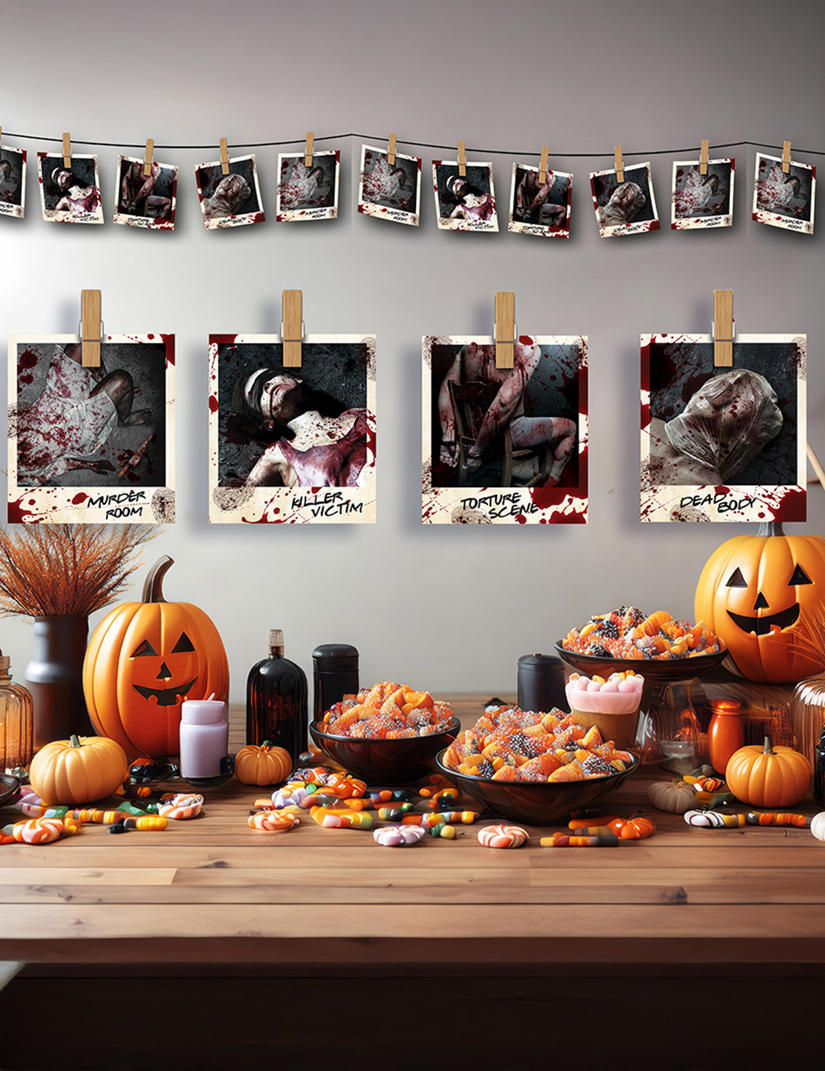 Guirlande en papier photos scène de crime pour décoration rouge et blanche