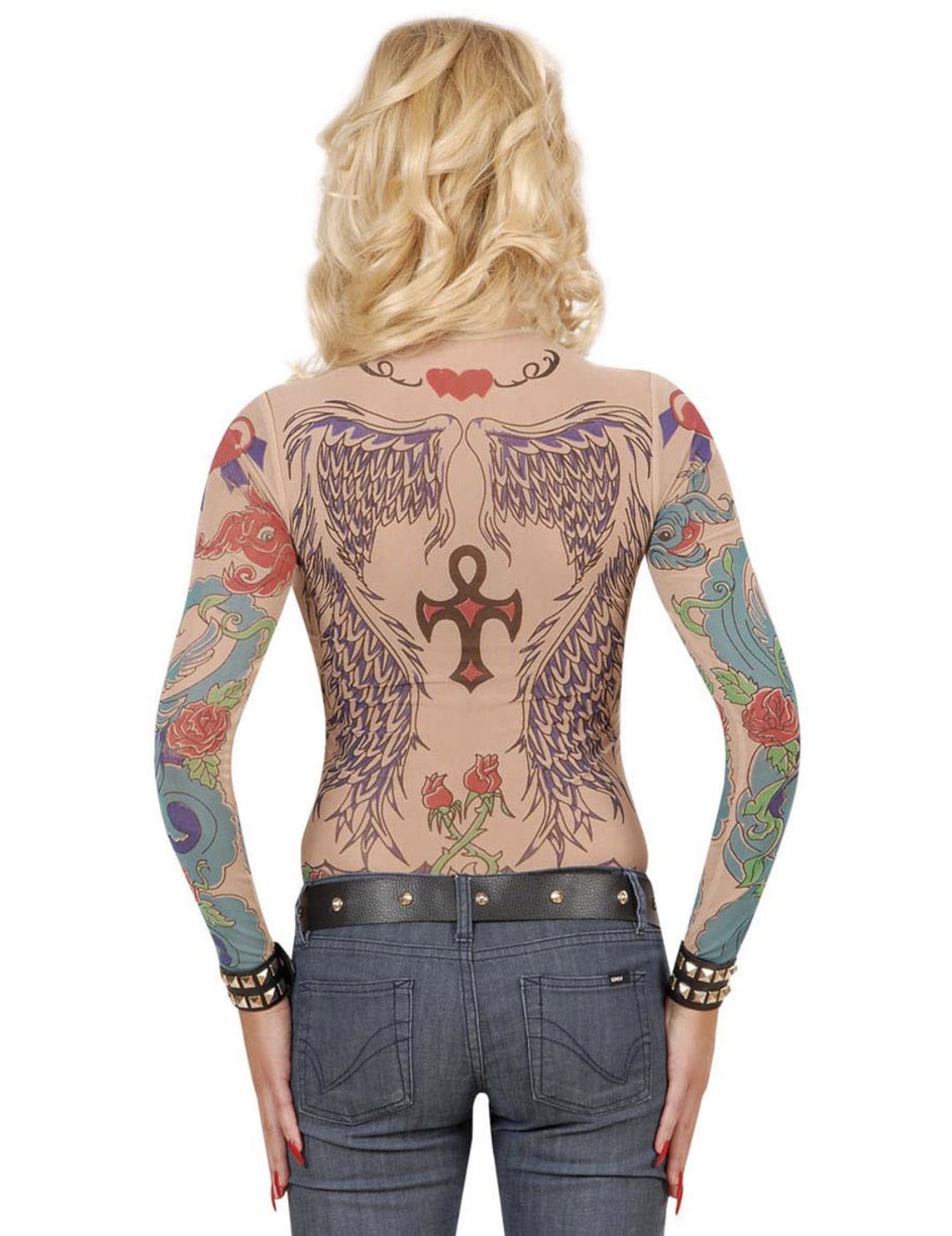 Vue de dos du haut à manches longues effet tatouages pour femme