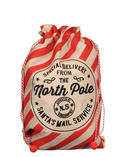 Hotte de Noël pour enfant rayée rouge et beige avec message North Pole