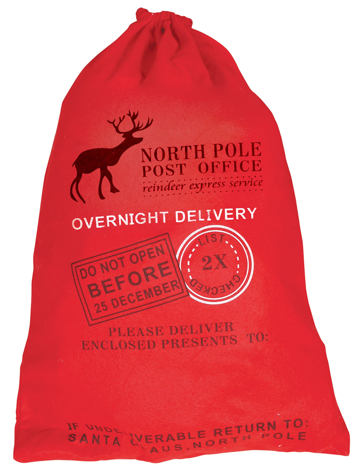 Hotte de Père Noël rouge avec imprimés postaux du Pôle Nord et motif de renne