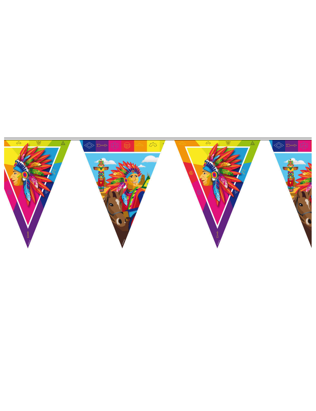 Guirlande fanions Indien pour fête multicolore de 10 m avec motifs de plumes et totems