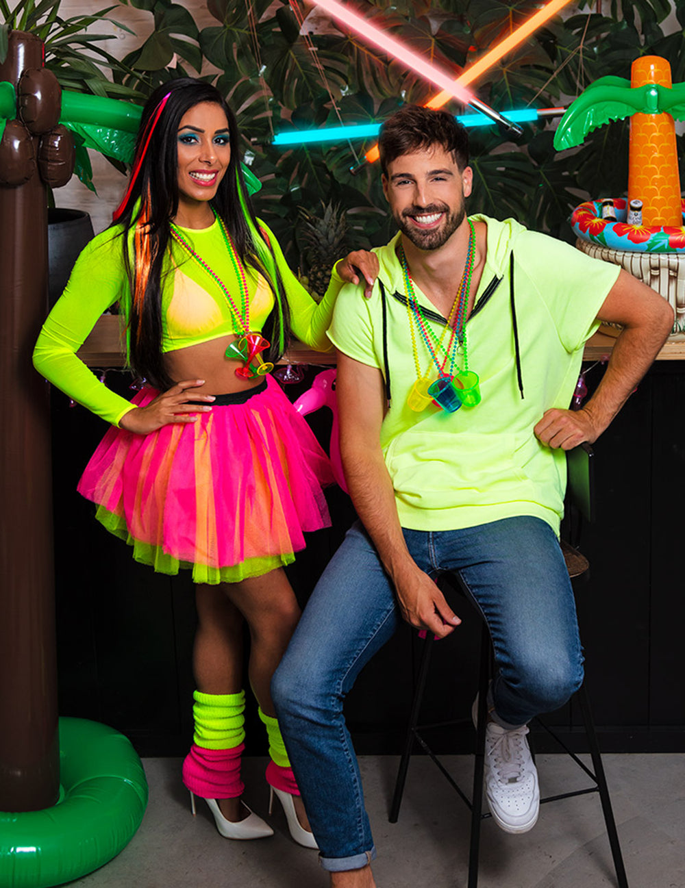 Mise en situation festive des jambières jaunes fluo pour femme