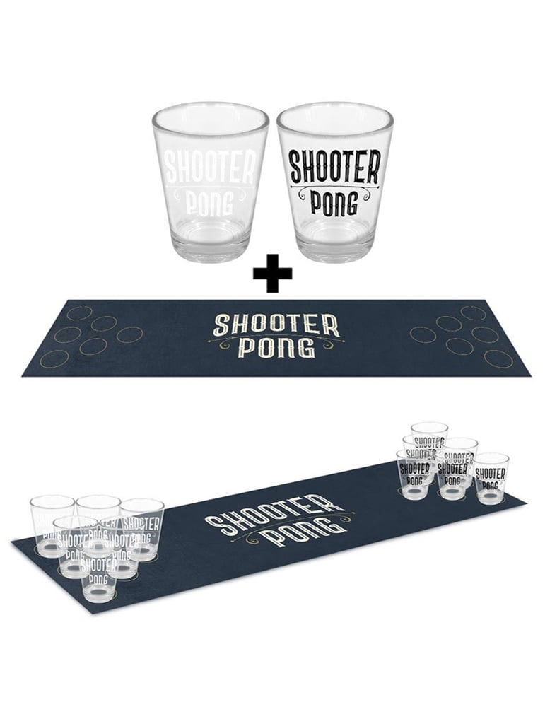 Jeu à boire shooter pong pour adulte avec tapis bleu marine et verres transparents