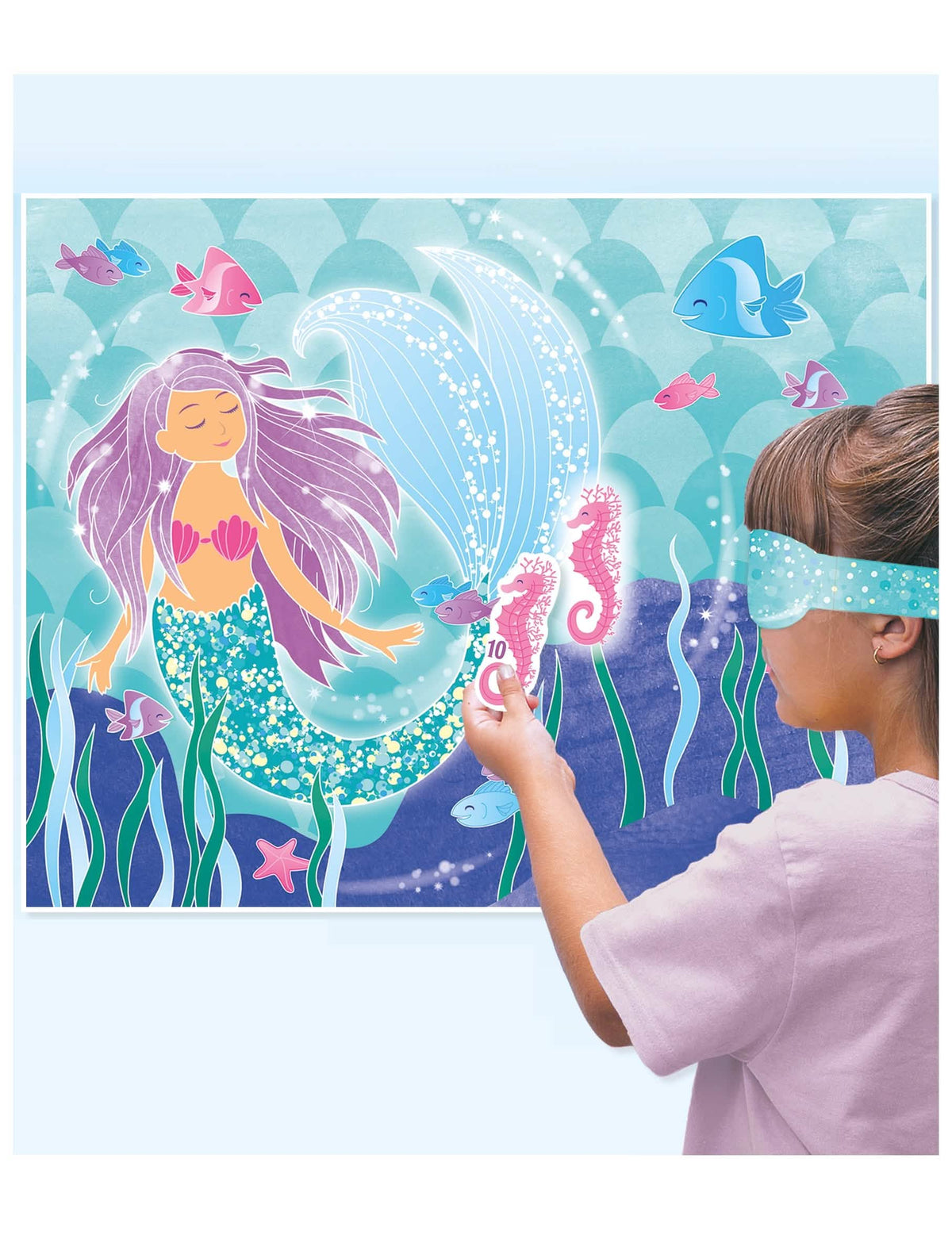 Jeu de fête jolie sirène pour enfant bleu avec hippocampe rose