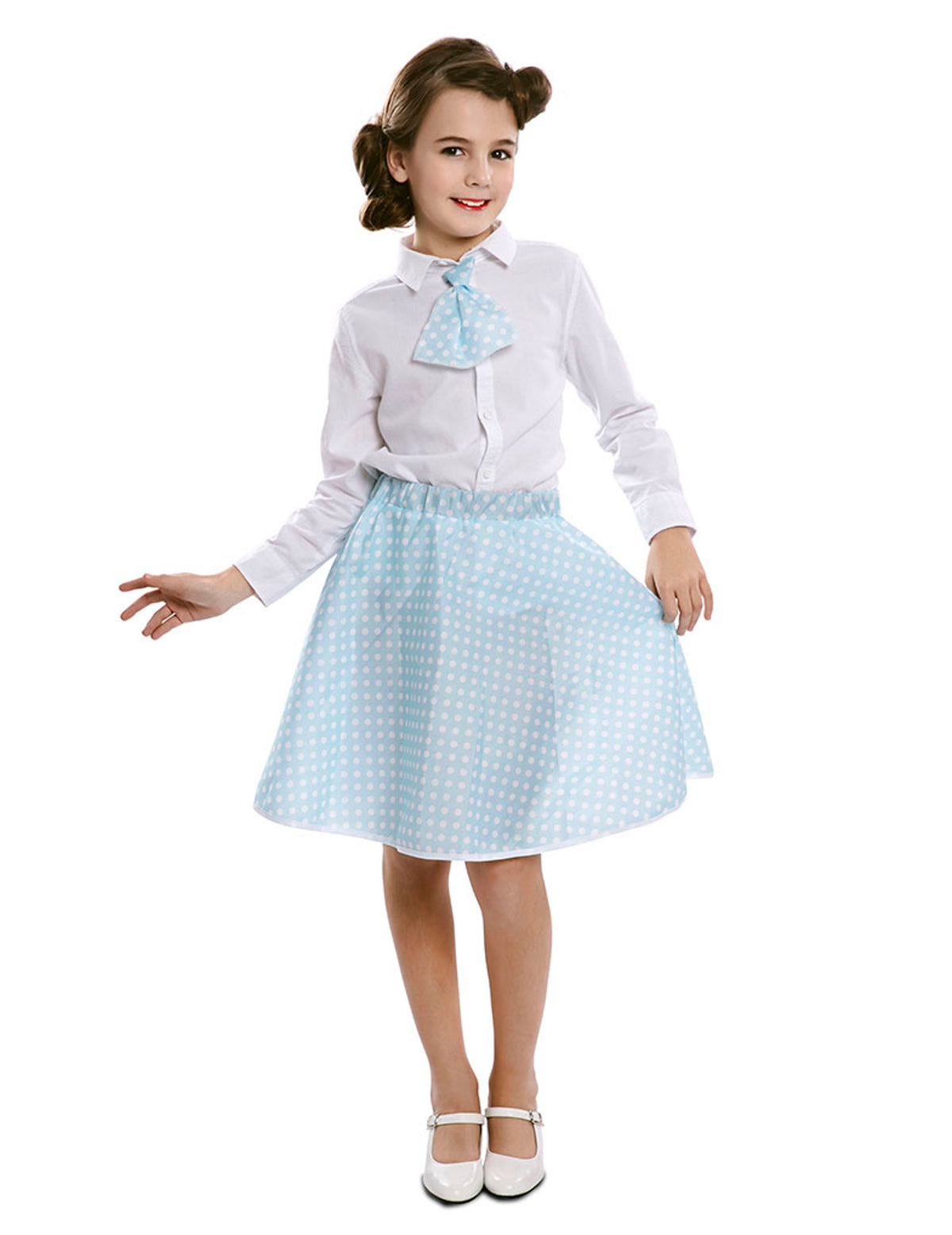 Jupe avec cravate pin-up pour fille bleu ciel à pois blancs