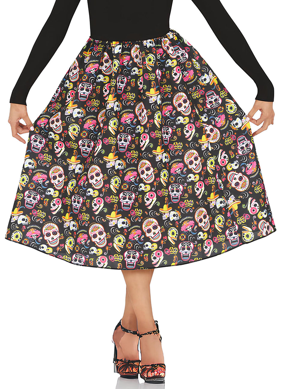 Jupe Dia de los muertos pour adulte noire à motifs têtes de mort colorées