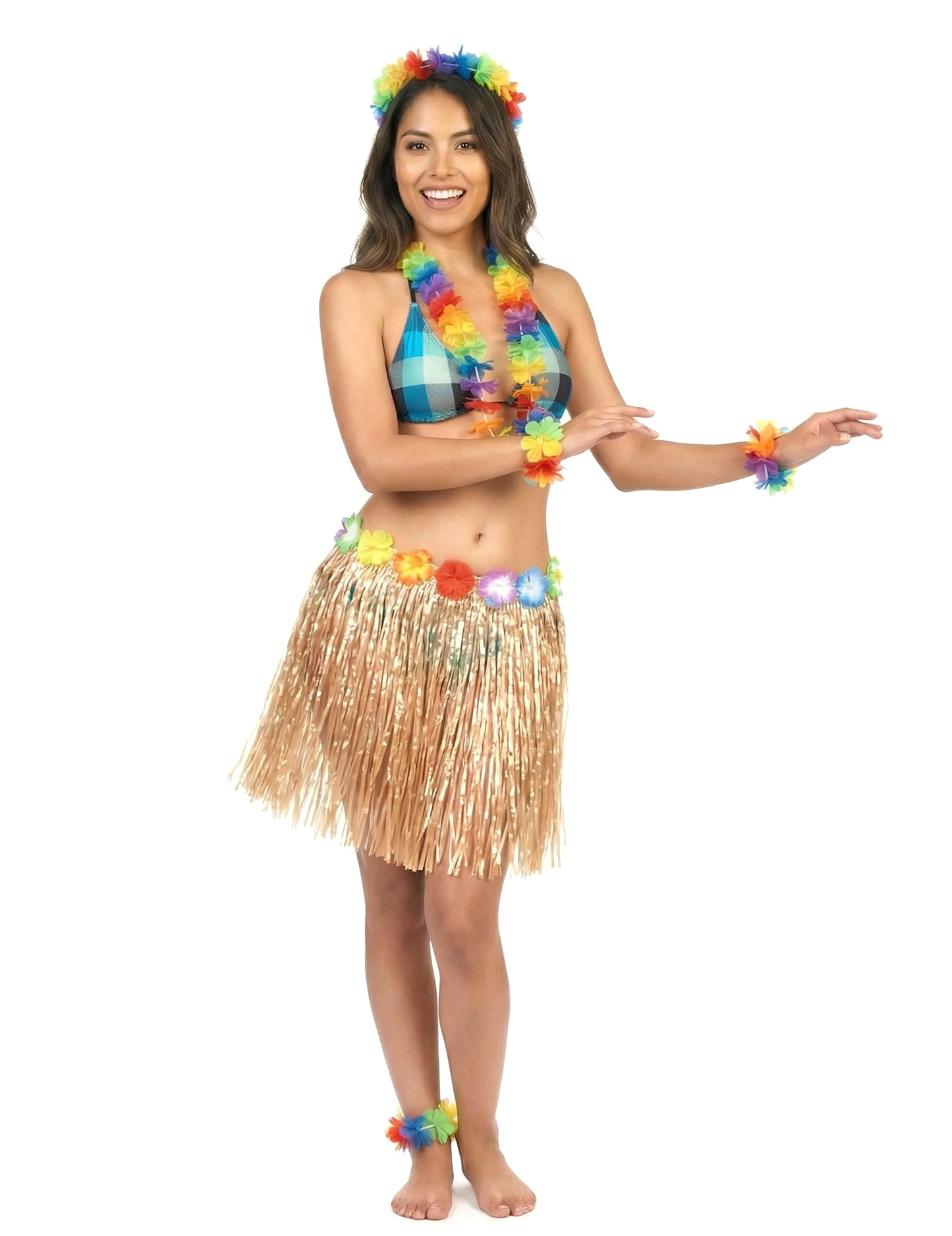 Fustă hawaiană scurtă din plastic pentru adult, naturală, cu flori multicolore