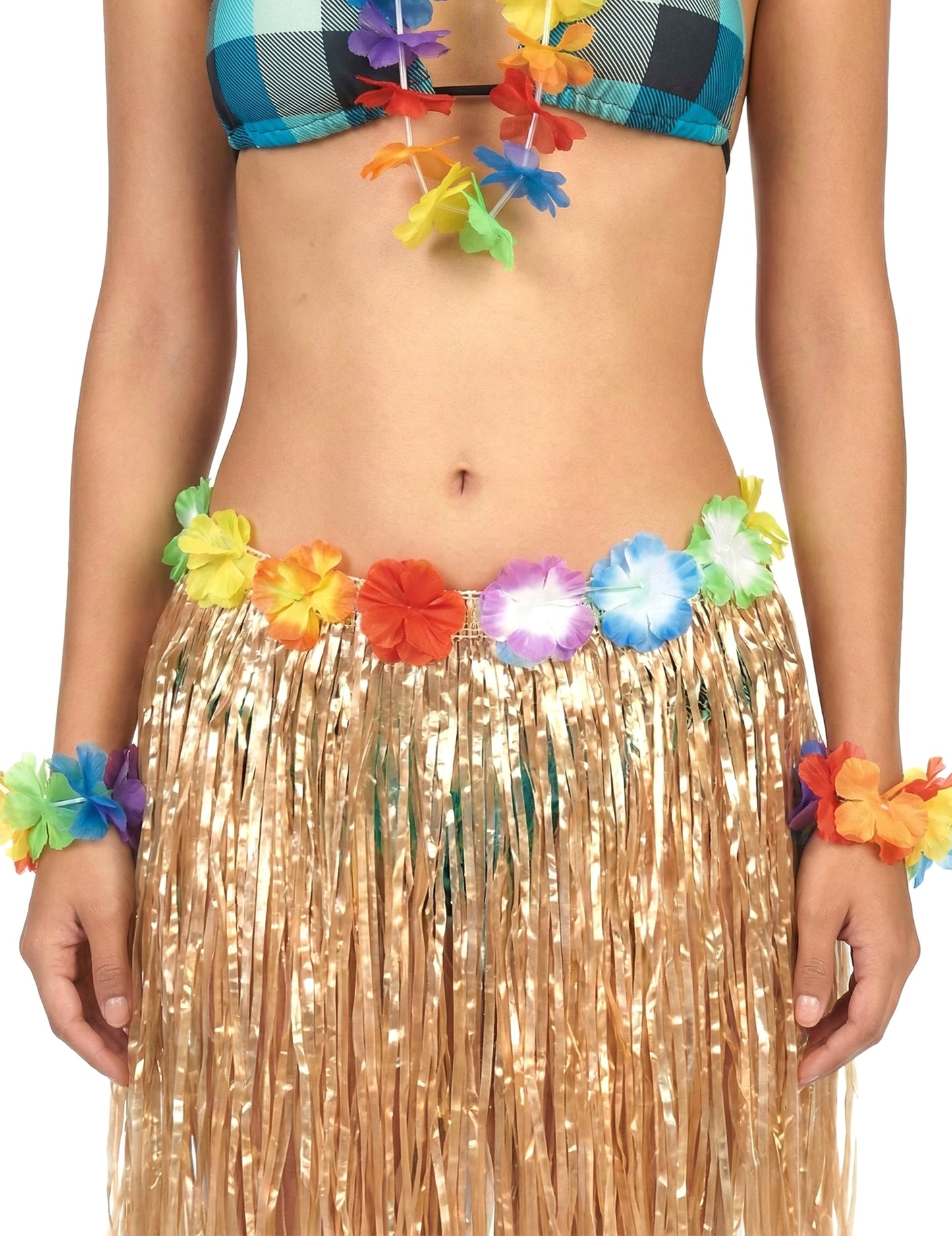 Detaliu al florilor la talia fustei hawaiene scurte din plastic pentru adult