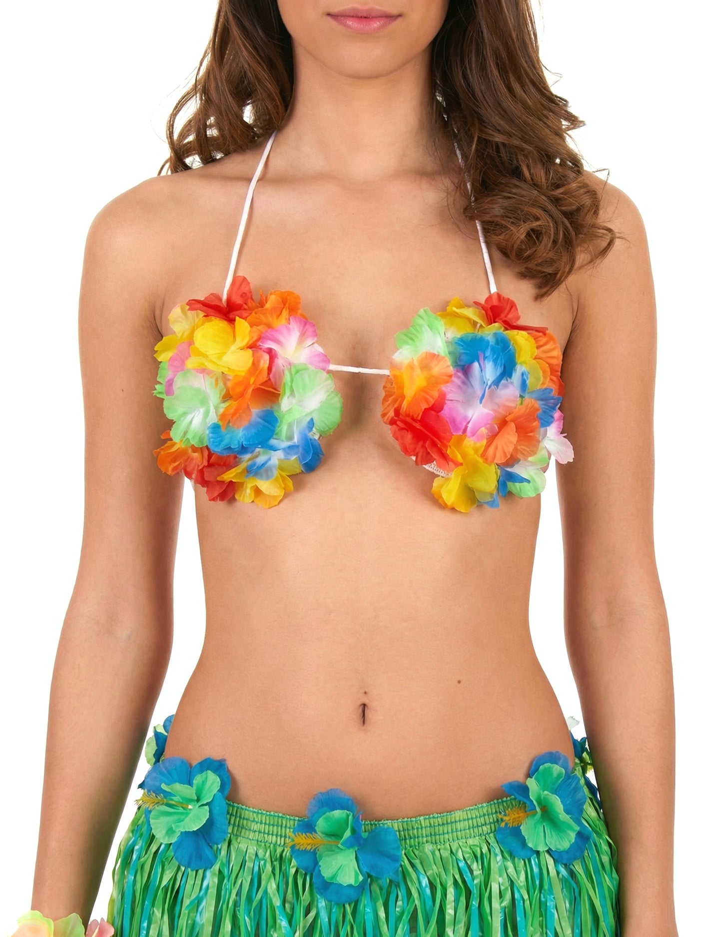 Détail du haut à fleurs de la jupe hawaïenne courte pour adulte