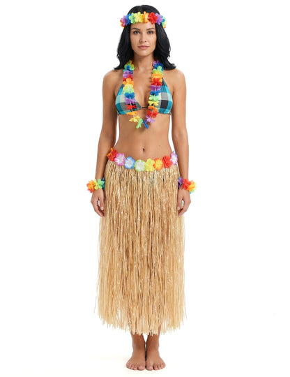 Vedere de ansamblu cu accesorii a fustei hawaiene lungi naturale