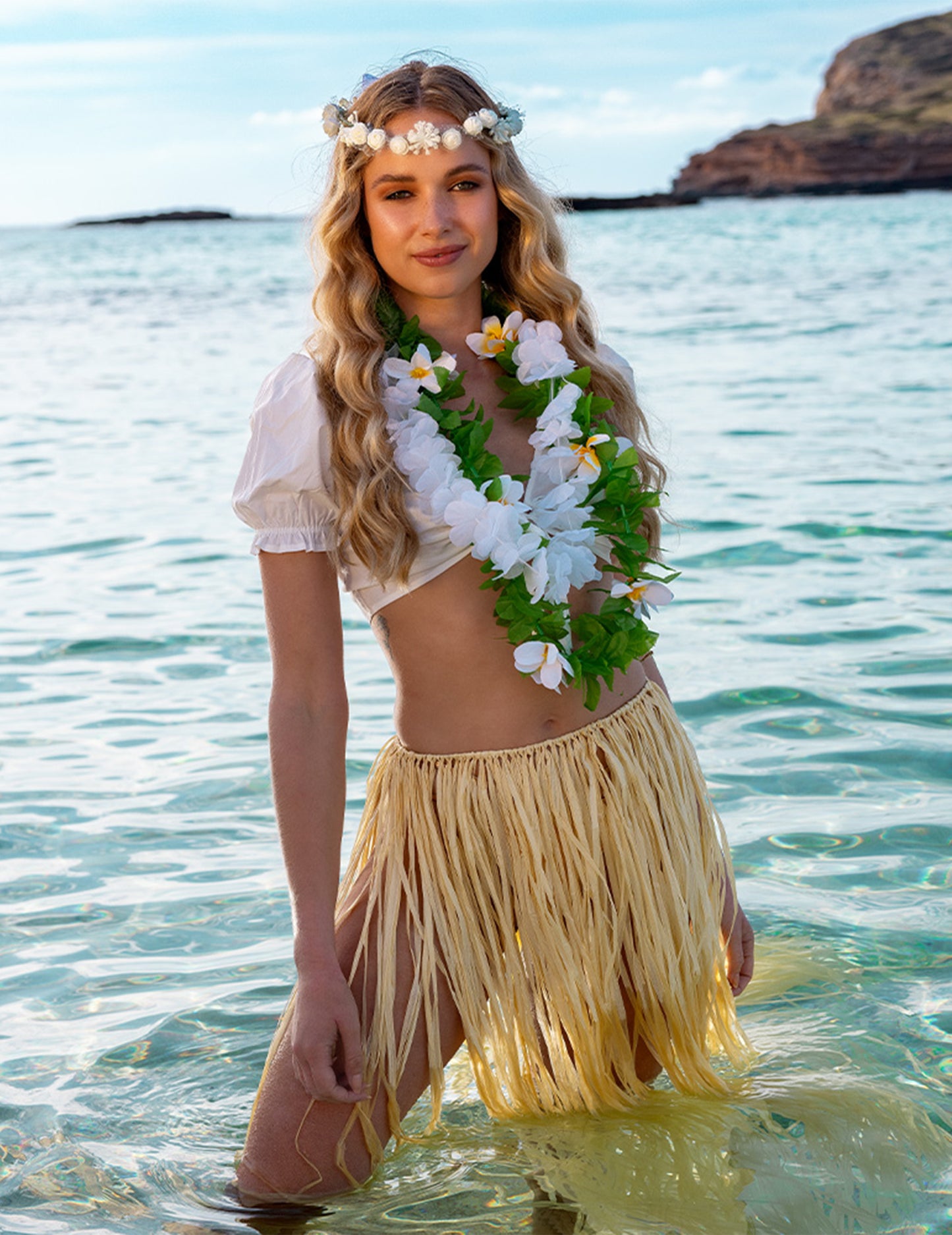 Fustă naturală hawaiană lungă Raphia Adult
