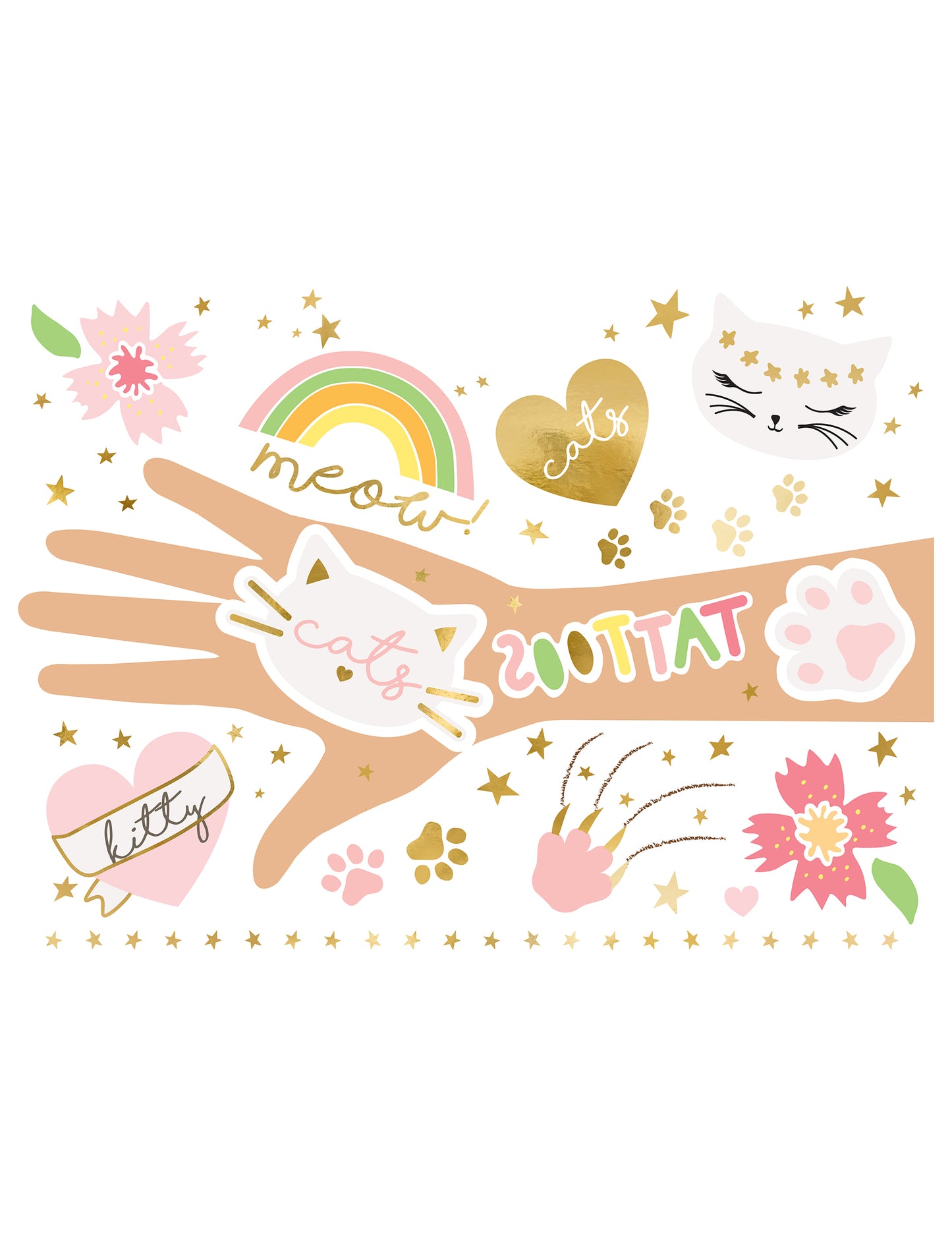 Kit 12 tatouages chatons éphémères pour enfant colorés et dorés