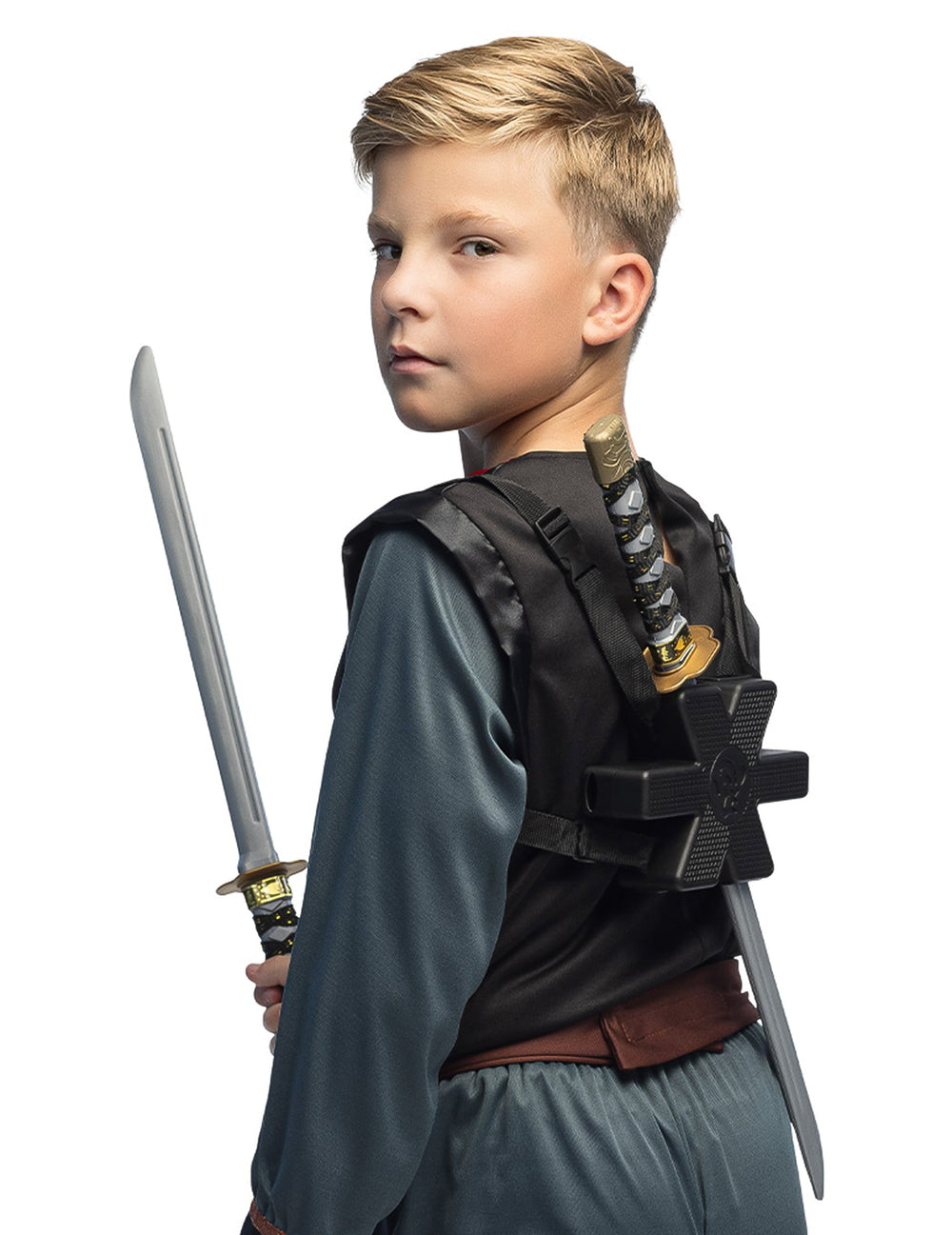 Vue de dos du Kit 2 sabres ninja avec support