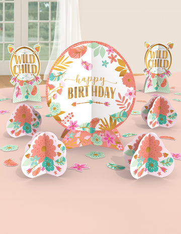 Kit 27 décorations de table anniversaire boho en carton rose et menthe avec fleurs et plumes