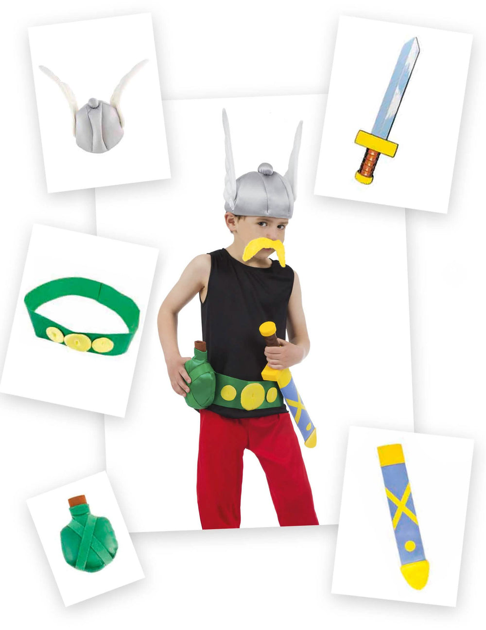 Set 5 piese Astérix pentru copil cu cască înaripată, mustață, sabie și burduf