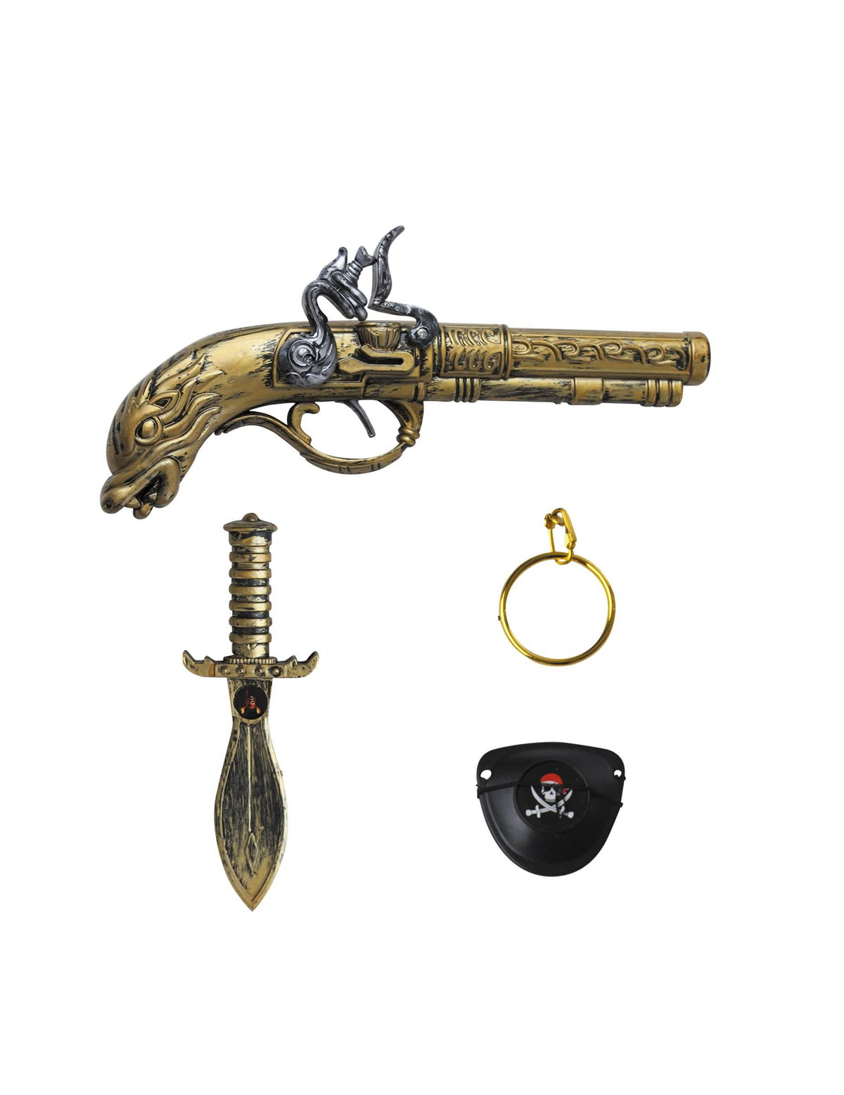 Kit accesorii bucanier pentru adult aurii și negre cu pistol, dague, boucle d'oreille și cache-œil