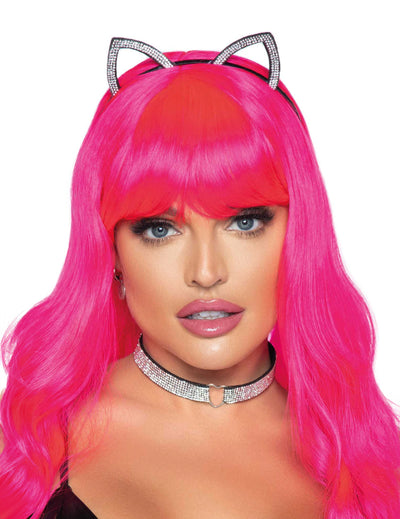Set de accesorii pisică pentru adult, argintiu, cu urechi și colier cu strasuri