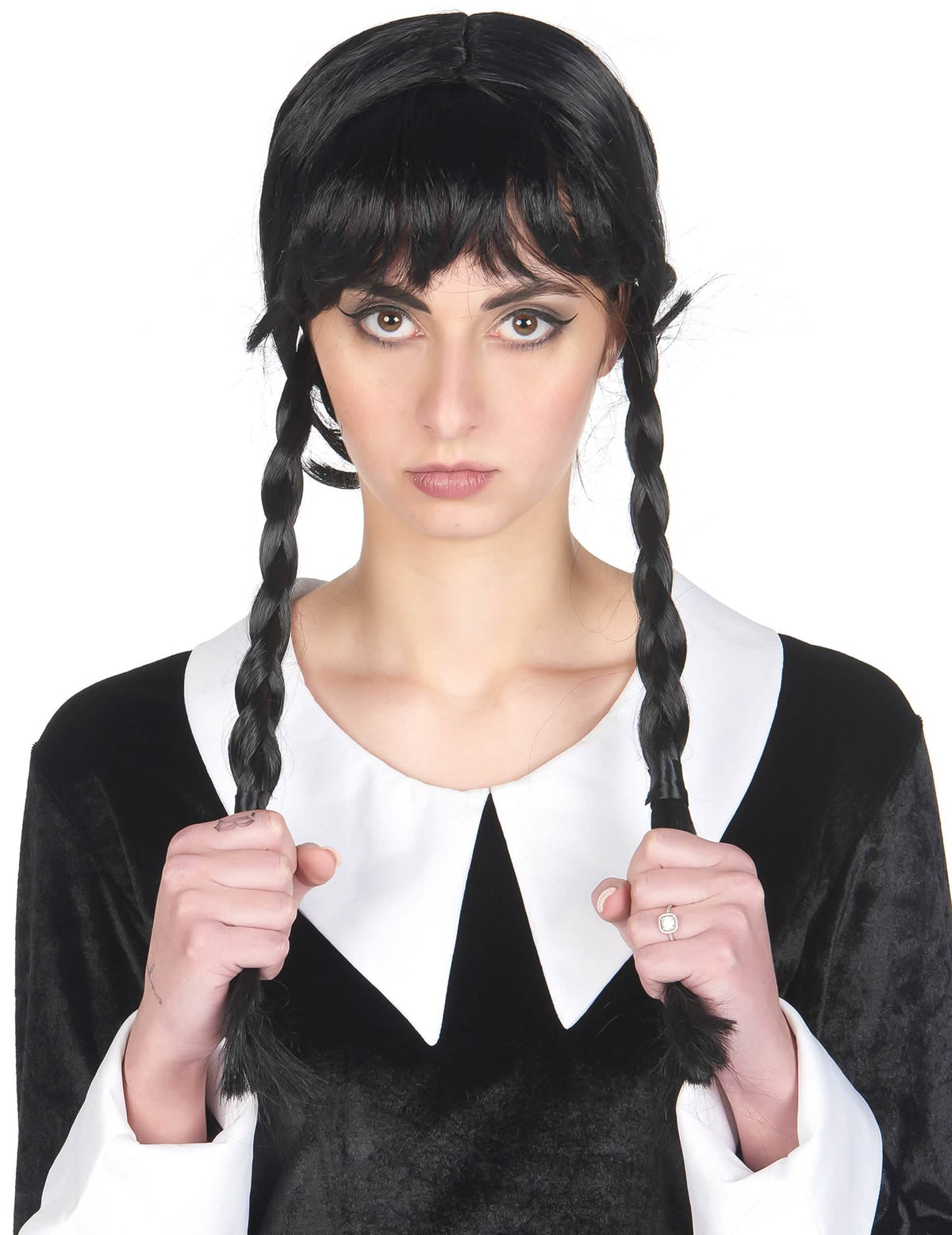 Kit accesorii școlăriță gotică pentru femeie negru cu perucă cu cozi împletite și guler alb