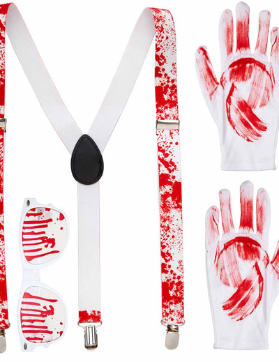 Kit de accesorii însângerate de Halloween pentru adult, alb și roșu, cu mănuși, ochelari și bretele