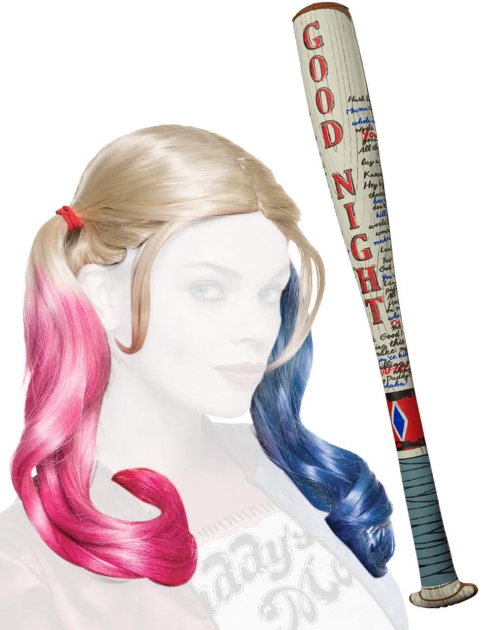 Kit accesorii Harley Quinn pentru femeie blondă cu codițe roz și albastră cu bâtă de baseball