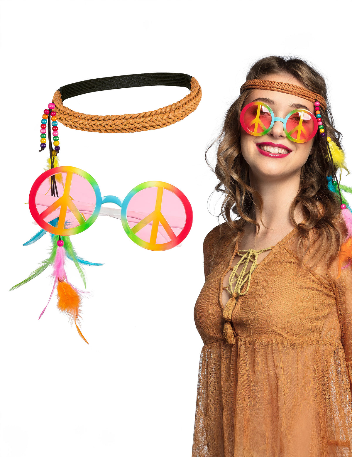 Kit accessoires hippie bohème pour adulte avec lunettes peace and love multicolores et bandeau à plumes