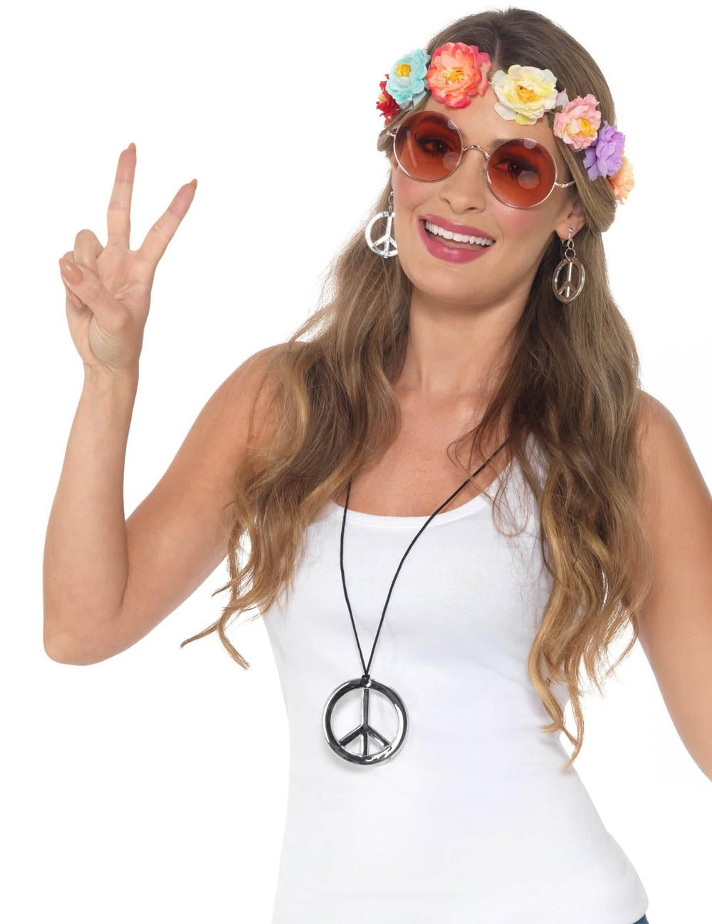Set accesorii hippie pentru femeie cu coroană de flori și bijuterii peace and love argintii