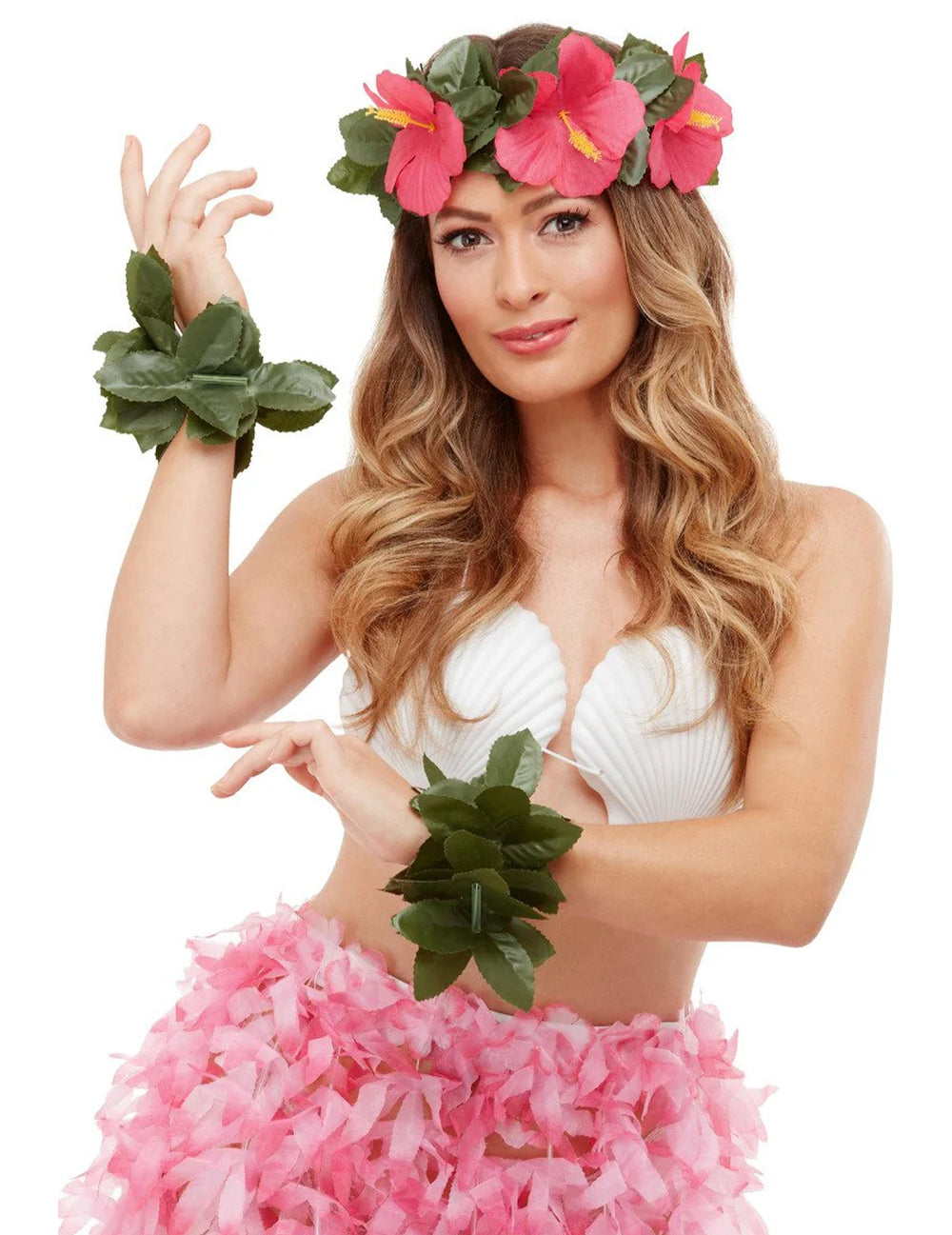 Kit accessoires Luau Tiki Hawaï pour adulte rose et vert avec fleurs d'hibiscus