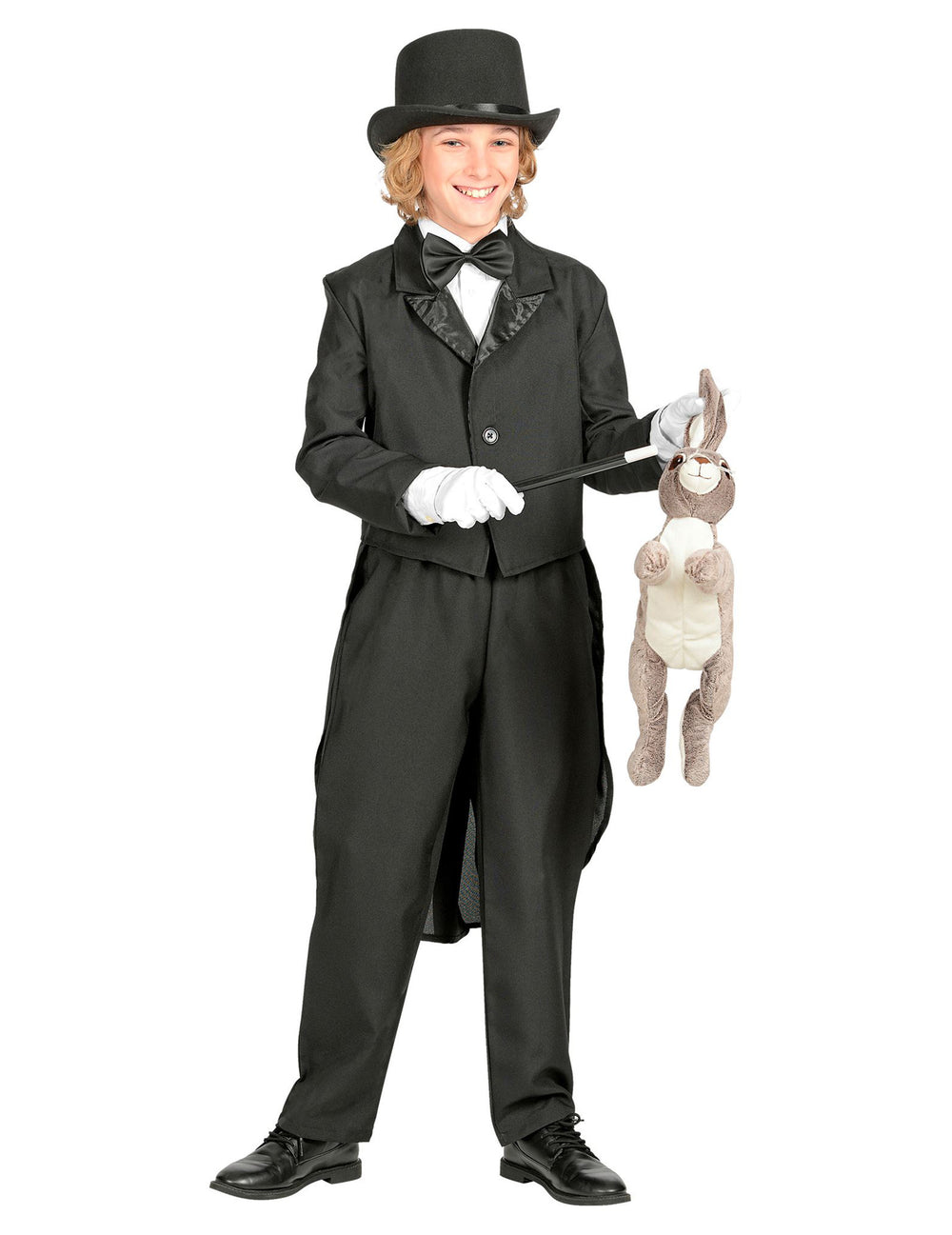 Vue d'ensemble avec lapin en peluche du kit accessoires magicien pour enfant