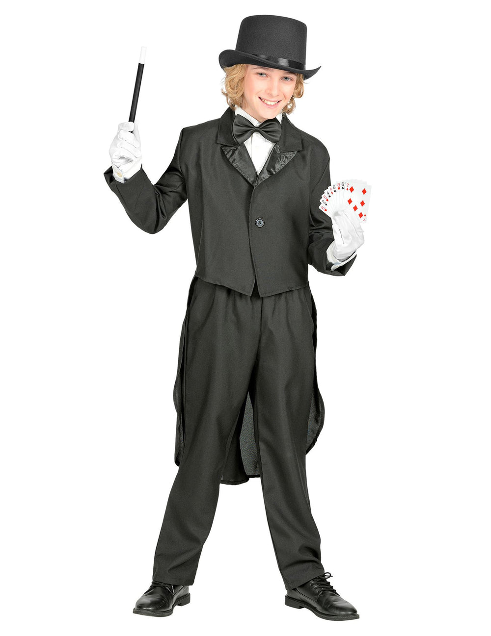 Vue avec jeu de cartes et baguette du kit accessoires magicien pour enfant