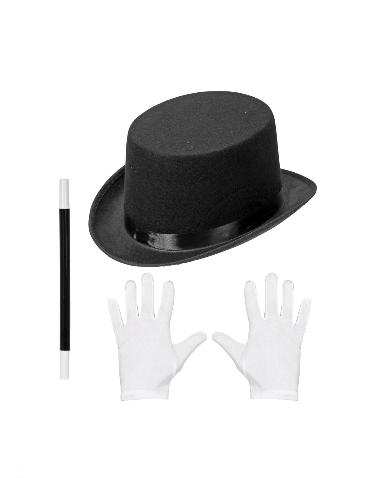 Kit accessoires magicien pour enfant noir et blanc avec chapeau haut-de-forme gants et baguette