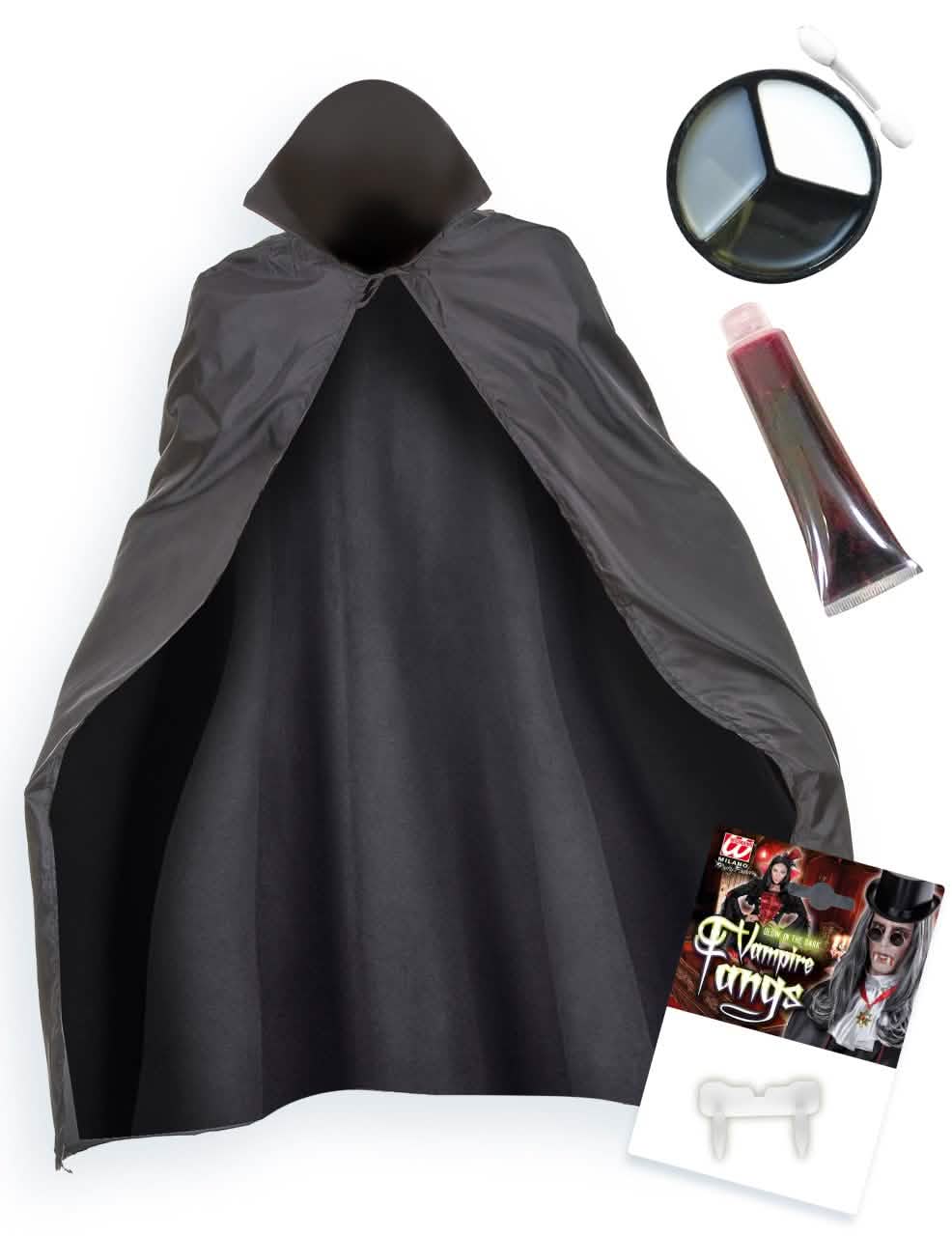 Kit accesorii de vampir pentru adult negru cu pelerină, machiaj și dinți de vampir