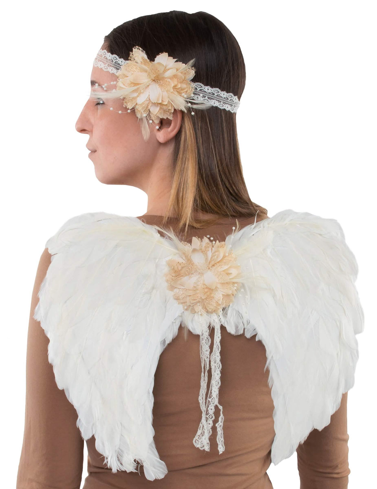 Vue de dos du kit ailes d'ange et bandeau pour adulte