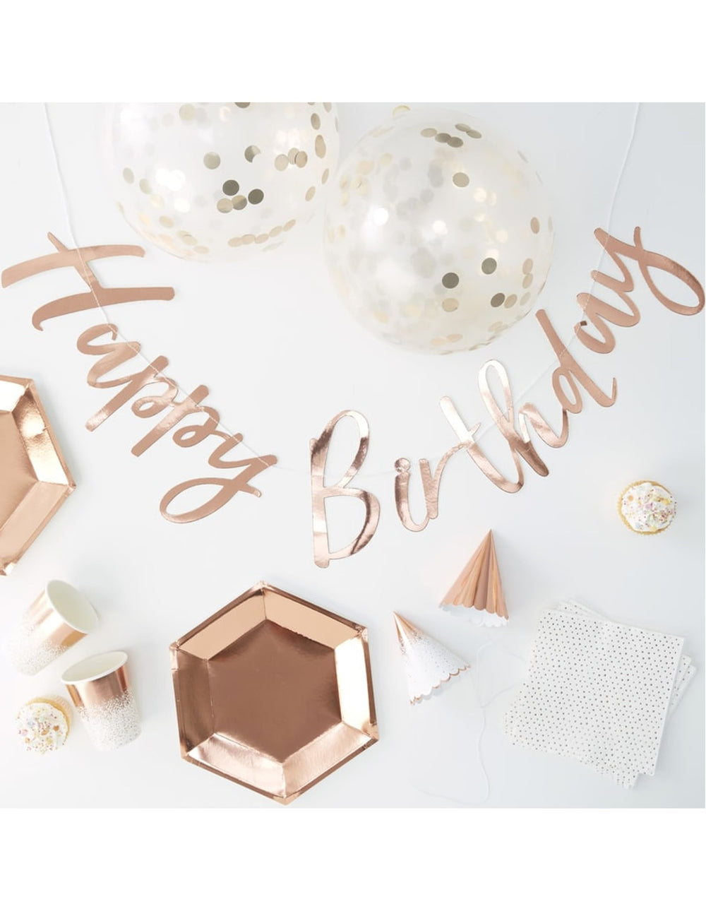 Kit complet déco et vaisselle anniversaire rose gold 70 pièces avec ballons et guirlande