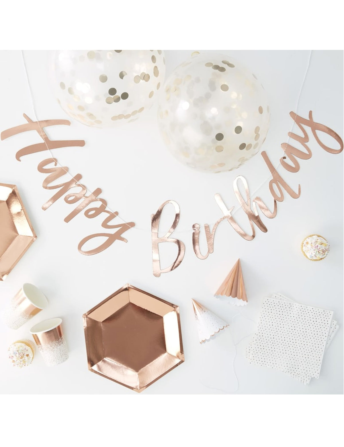 Kit complet déco et vaisselle anniversaire rose gold 70 pièces avec ballons et guirlande