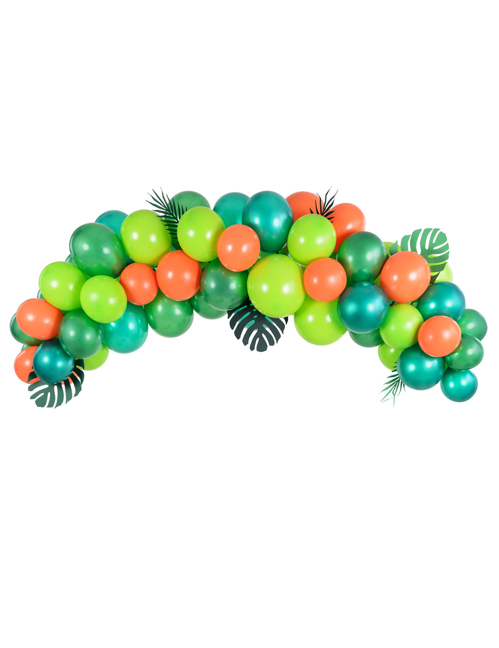 Kit arche de ballons jungle tropicale pour anniversaire vert orange et bleu avec feuilles exotiques
