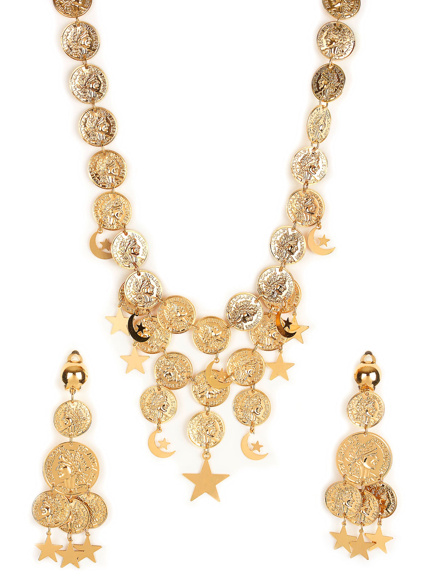 Kit bijoux bohémienne pour femme doré avec pièces de monnaie, croissants de lune et étoiles