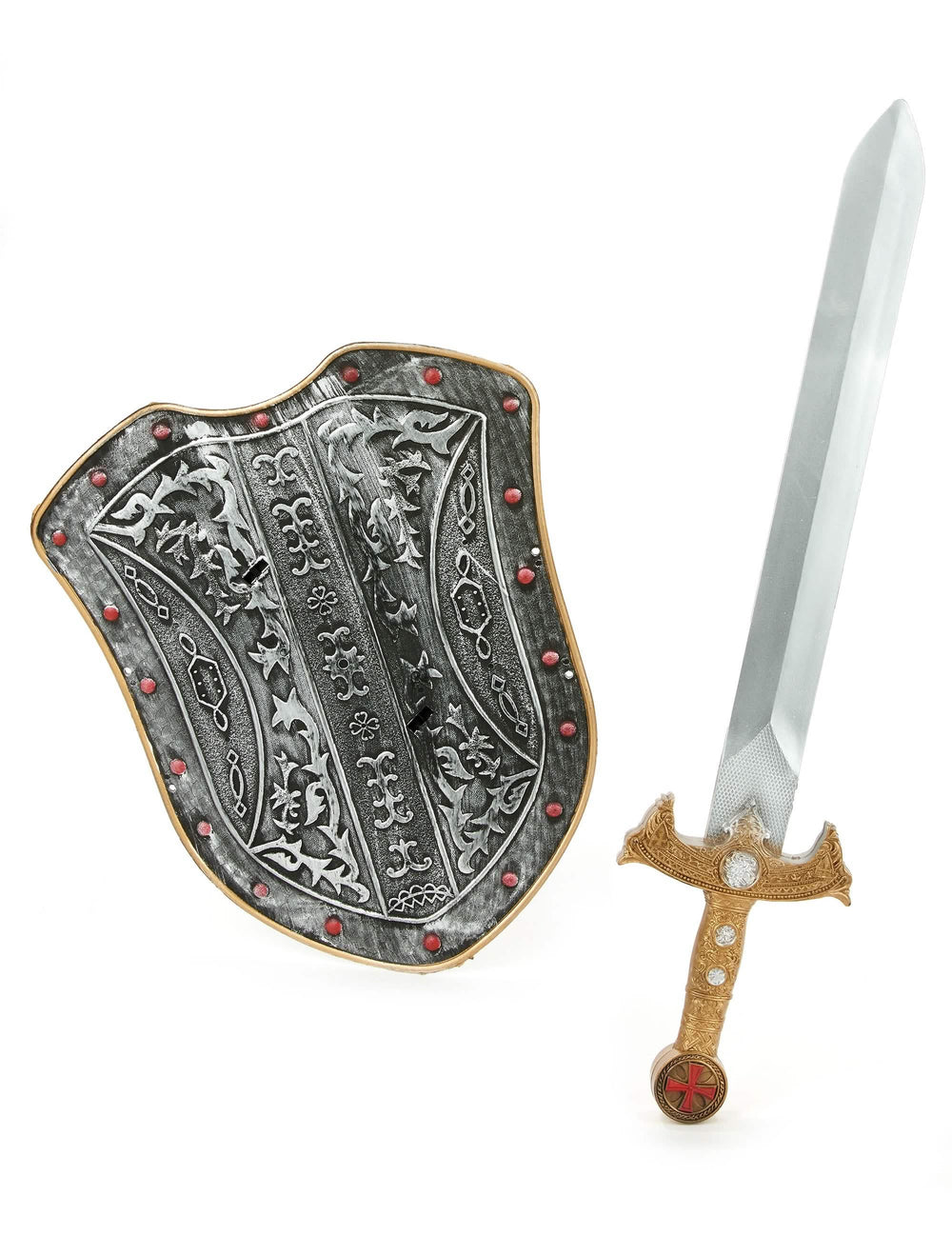 Kit scut și sabie cavaler medieval pentru copil gri și auriu din plastic