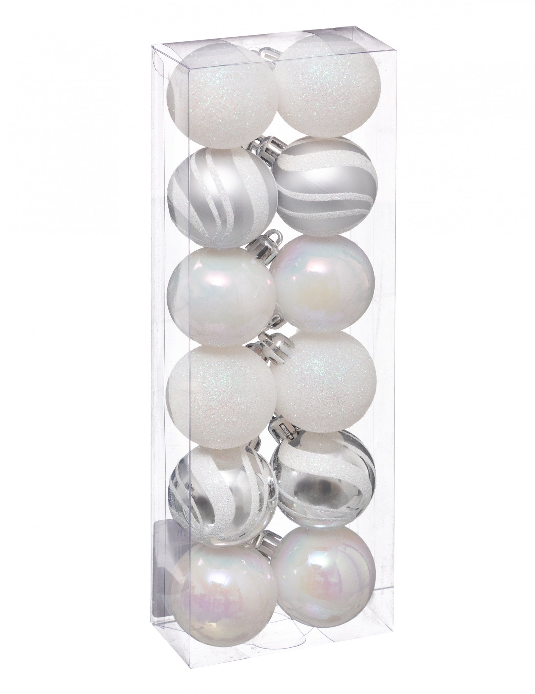 Mini boules de noël pour décoration blanches et argentées pailletées