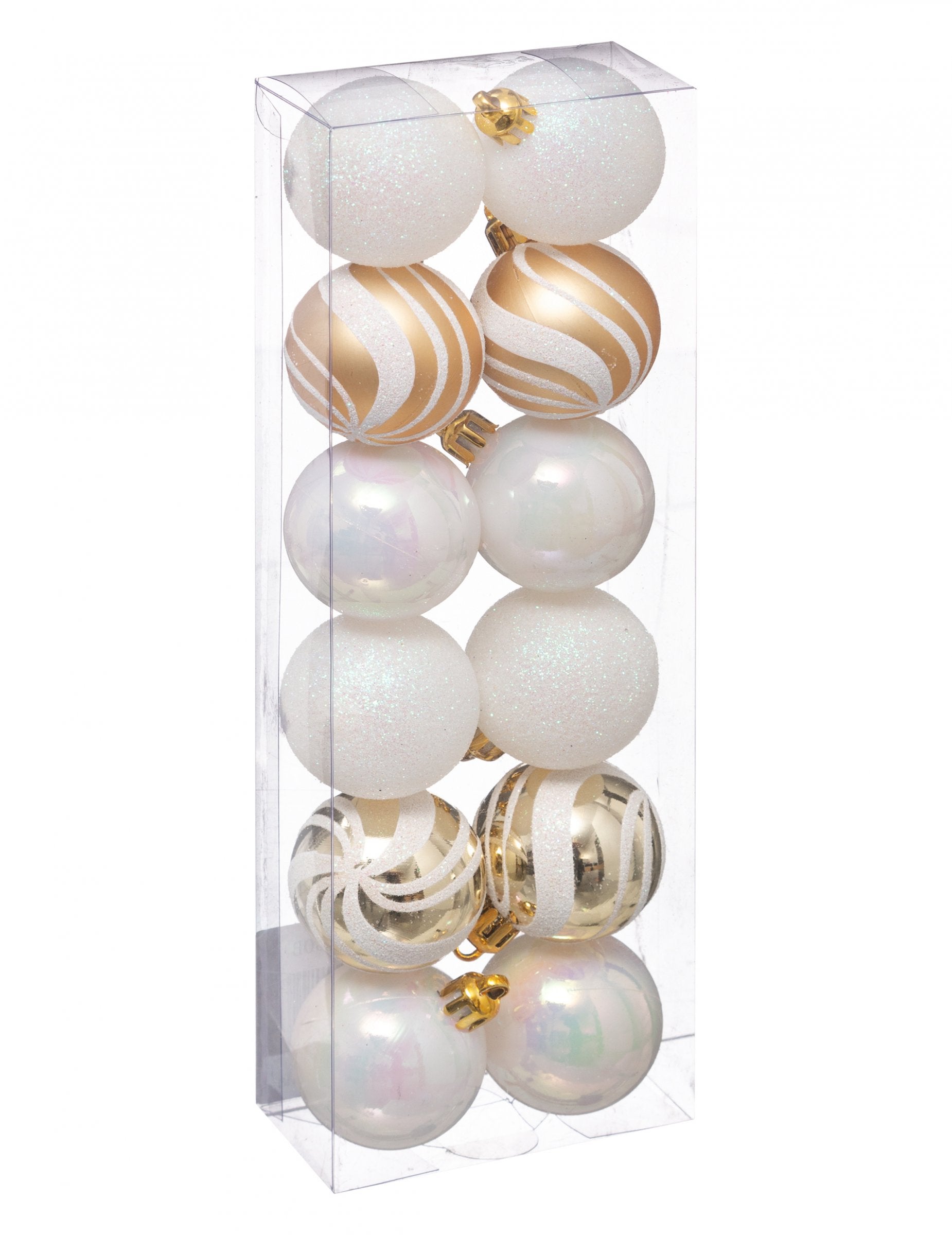 Mini boules de noël pour sapin blanches et dorées pailletées et irisées