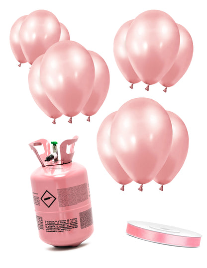 Kit de butelie cu heliu cu 12 baloane rose gold și panglică din satin