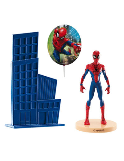 Set de toppere pentru tort din plastic Spiderman pentru copii, roșu și albastru, cu figurină și clădire