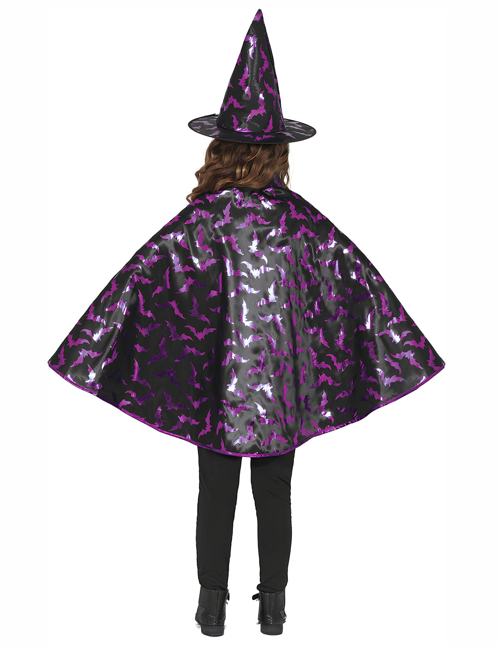 Vue de dos du kit cape et chapeau de sorcière chauve-souris pour enfant