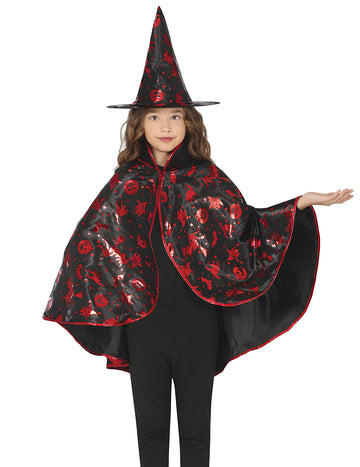 Kit cape et chapeau de sorcière noir et rouge enfant