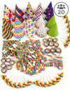 Kit cotillons multicolores pour 20 personnes avec chapeaux, sans-gênes et serpentins