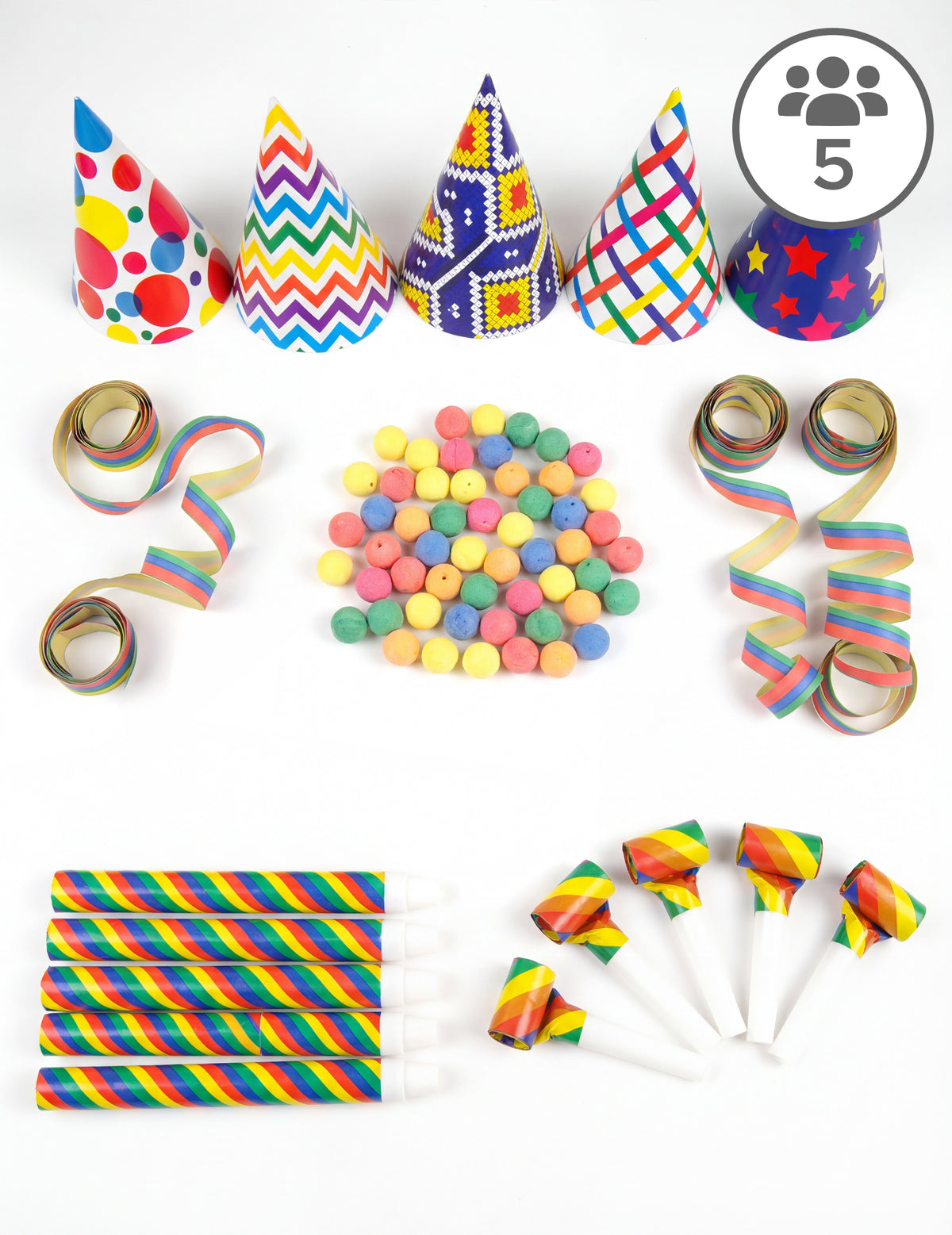 Kit cotillons multicolores pour 5 personnes avec chapeaux et sans-gênes