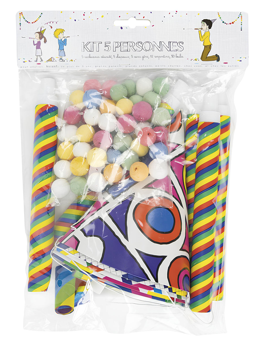 Vue de l'emballage du kit cotillons multicolores pour 5 personnes