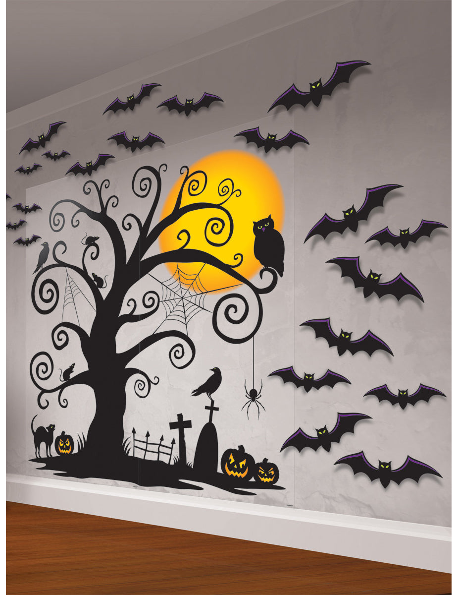 Kit de décoration murale cimetière pour Halloween noir avec chauves-souris et citrouilles
