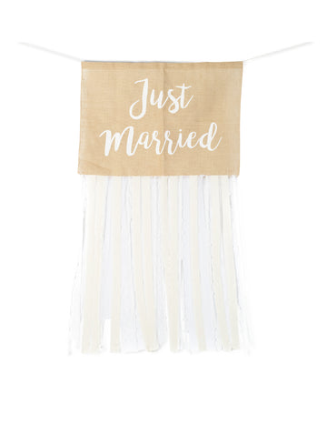 Kit voiture des mariés champêtre Just Married pour mariage en jute et dentelle beige et blanc